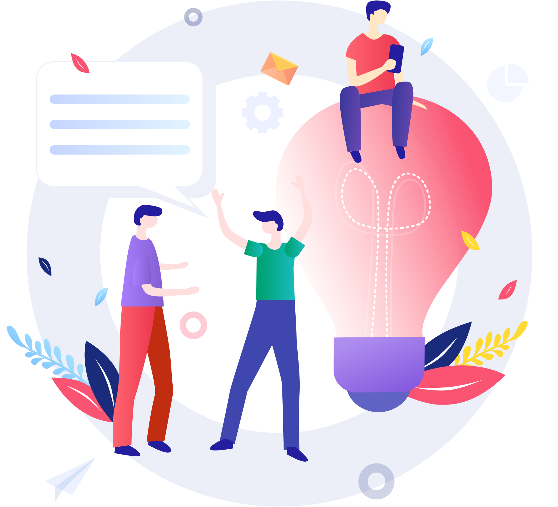 Ilustrasi orang berdiskusi di sekitar lampu ide