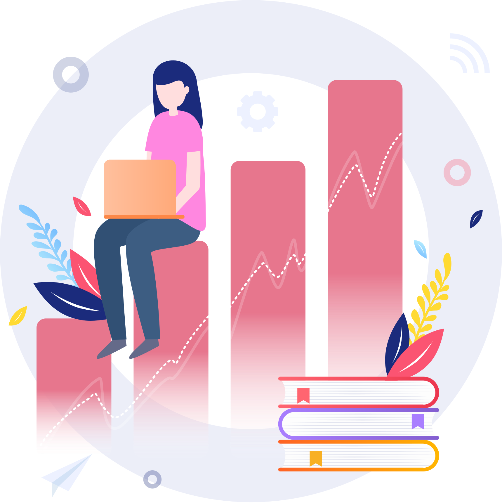 Ilustrasi grafik pertumbuhan dengan seseorang menggunakan laptop